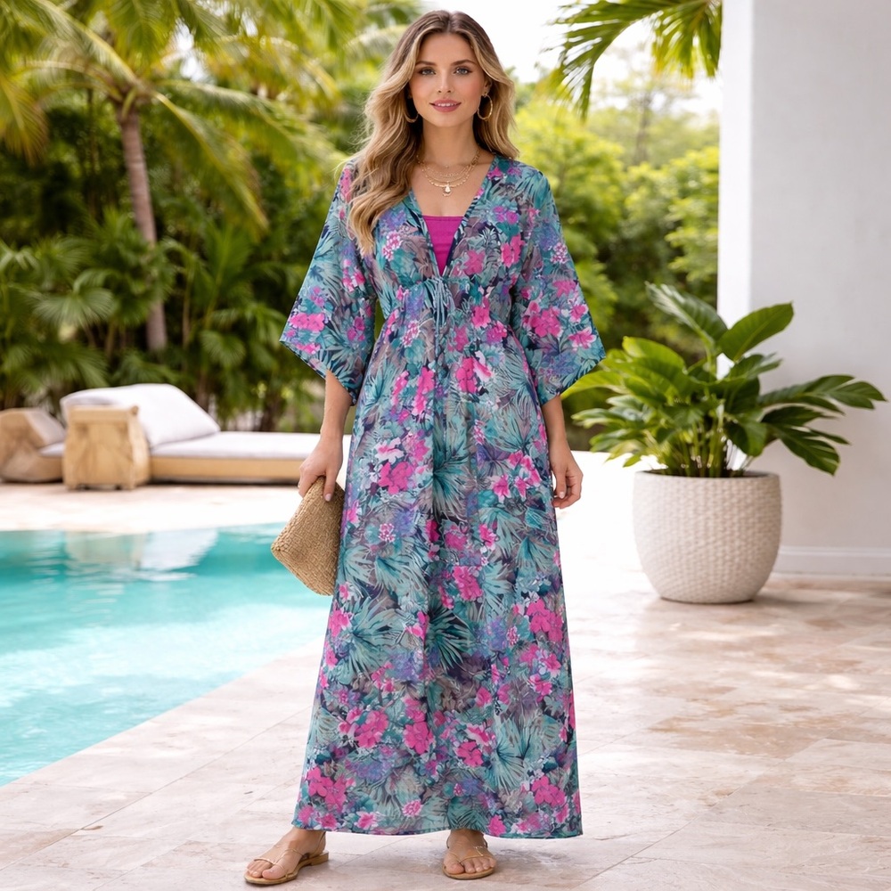 The Look Factory Tropical Floral Maxi Caftan Dress Cover Up | One Size